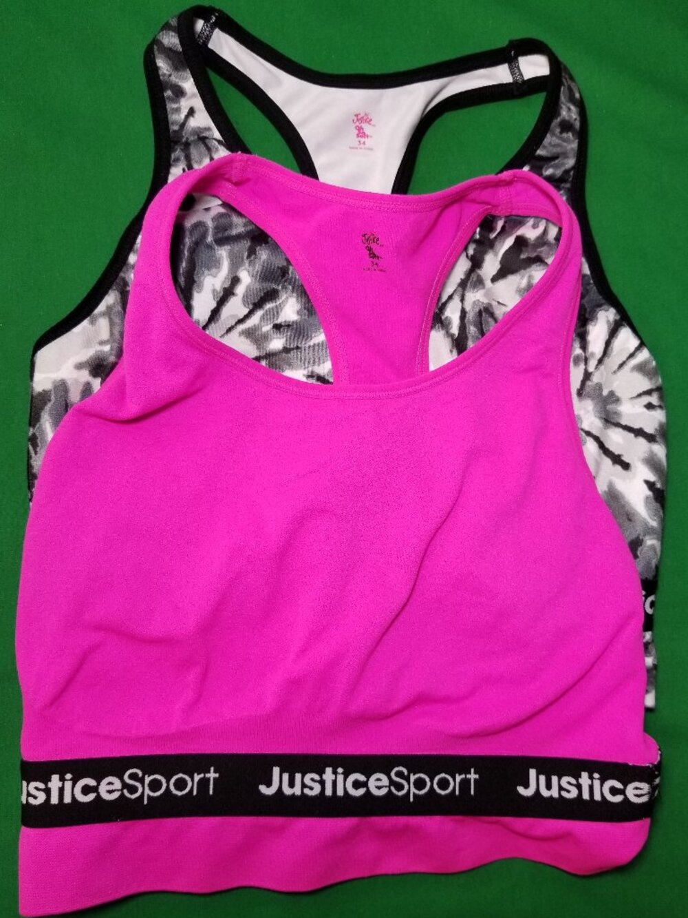 Justice Sports Bra Girls Size 34 Racerback Lot of 2 Pink & Gray Tie Dye Athletic